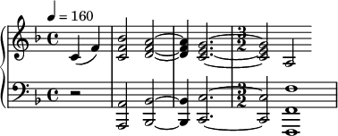  { \new PianoStaff << \new Staff \relative c' { \clef treble \key f \major \time 4/4 \tempo 4 = 160 \partial 2*1 c4( f) | <bes f c>2 <a f d>~ | <a f d>4 <g e c>2.~ | \time 3/2 <g e c>2 a,2 } \new Staff \relative c { \clef bass \key f \major \time 4/4 r2 | <a a,>2 <bes bes,>2~ | <bes bes,>4 <c c,>2.~ | \time 3/2 <c c,>2 <f f, f,>1 } >> } 