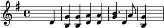 {\key g \major \skip2. d'4 <b g'> <b g'> <d' a'> <d' a'> << { b'4. a'8 } { g'4 d'4 } >> \bar "|" <g' b> \skip4}