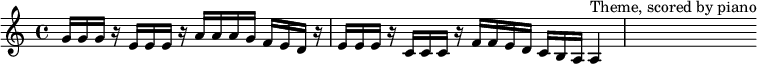 
 \relative c'' { \set Staff.midiInstrument = #"piano"
                \clef treble
                  \time 4/4
g16 g g r e e e r a a a g f e d r e e e r c c c r f f e d c b a             
a4^\markup "Theme, scored by piano"     
        }
