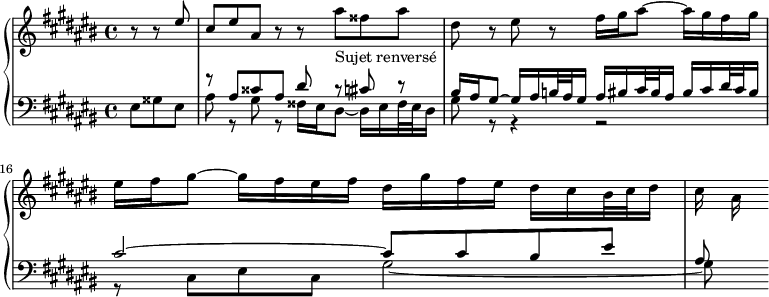 
\version "2.18.2"
\header {
  tagline = ##f
}

upper = \relative c'' {
  \clef treble 
  \key cis \major
  \time 4/4
  \tempo 4 = 69
  \set Staff.midiInstrument = #"harpsichord" 
  \set Score.currentBarNumber = #14

   %% FUGUE CBT II-3, BWV 872, ut-dièse majeur — canon ms. 14 sqq
   \partial 4. r8 r8 \stemUp eis8 cis eis ais, r8 r8 \stemDown ais'8-\markup{Sujet renversé} fisis8 ais dis, r8 eis r8 fis16 gis ais8~ ais16 gis fis gis eis fis gis8~ gis16 fis eis fis dis gis fis eis dis cis bis32 cis dis16 cis16 ais
   
}

lower = \relative c {
  \clef bass 
  \key cis \major
  \time 4/4
  \set Staff.midiInstrument = #"harpsichord" 
    
   << { s4 s8 r8 ais'8 cisis ais dis r8 cis r8 | bis16 ais gis8~ gis16 ais b32 ais gis16 ais bis cis32 bis ais16 bis cis dis32 cis bis16 cis2~ cis8 cis bis eis ais,8 } \\ { eis8 gisis eis ais r8 gis r8 fisis16 eis dis8~ dis16 eis fisis32 eis dis16 gis8 r8 r4 r2 r8 cis,8 eis cis gis'2~ gis8 } >>
    
} 

\score {
  \new PianoStaff <<
    \set PianoStaff.instrumentName = #""
    \new Staff = "upper" \upper
    \new Staff = "lower" \lower
  >>
  \layout {
    indent = #0
    \context {
      \Score
      \remove "Metronome_mark_engraver"
    }
  }
  \midi { }
}
