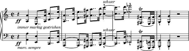 
{ \new PianoStaff <<
\new Staff \relative a { \set Staff.midiInstrument = #"piano" \key a \minor \clef treble \time 2/2 \set Score.tempoHideNote = ##t \tempo 2 = 50
 r4 \ff _\markup{ \italic {immer markig gestrichen} } <a a'>4 <e e'>8.. <a a'>32 <c c'>8.. <e e'>32 | % 2
 <a, a'>8.. <c c'>32 <e e'>8.. <gis gis'>32 <a a'>8.. <b b'>32 <c c'>4 ^\markup{ \italic {schwer} }
 ~ ^^ ~ | % 3
 <c c'>8.. <d d'>32 <es es'>2 ^^ <fis,, fis'>8. (\trill <e e'>32
 <fis fis'>32 ) | % 4
 <g g'>4 -! <g g'>4 -! r2 }
\new Staff \relative a, { \key a \minor \clef bass \time 2/2
 r4 \ff _\markup{ \italic {marc. sempre} } <a a'>4 <e e'>4 <c c'>8..
 <e e'>32 | % 2
 <a, a'>4 ~ ~ <a a'>8.. <gis gis'>32 <a a'>8.. <b b'>32 <c c'>4 ^\markup{ \italic {schwer} } ~ _^
 ~ | % 3
 <c c'>8.. <d d'>32 <es es'>2 _^ <fis, fis'>8. \trill (<e e'>32 <fis fis'>32
 ) | % 4
 <g g'>4 -! <g g'>4 -! r2 }
>> }
