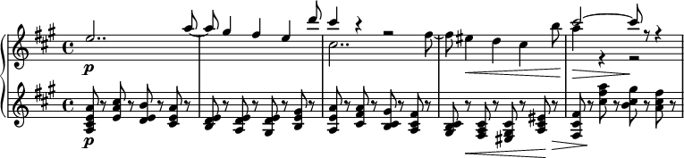 
{ \new PianoStaff <<
\new Staff \relative e'' { \set Staff.midiInstrument = #"string ensemble 1" \key a \major \clef treble \time 4/4 \set Score.tempoHideNote = ##t \tempo 4 = 100 \stemUp
  e2.. \p a8 ~ | % 2
  a8 gis4 fis4 e4 d'8 | % 3
  << { \voiceOne cis4 r4 r2
        s1
        cis2 ~ cis8 r8 r4 }
  \new Voice { \voiceTwo cis,2.. fis8 ~
         fis8 eis4 \< d4 cis4 b'8\!
          a4\> r4 r2\! }
>> \oneVoice
  }
\new Staff \relative a { \set Staff.midiInstrument = #"string ensemble 1" \key a \major \clef treble \time 4/4
  <a cis e a>8 \p r8 <e' a cis>8
  r8 <d e b'>8 r8 <cis e a>8 r8 | % 2
  <b d e>8 r8 <a d e>8 r8 <gis d' e>8 r8 <b e gis>8 r8 | % 3
  <a e' a>8 r8 <cis fis a>8 r8 <b cis gis'>8 r8 <a cis fis>8 r8 |
  <gis b cis>8 r8 \< <fis a cis>8 r8 <eis gis cis>8 r8 <a cis eis>8 \! r8\> |
  <fis cis' fis>8 r8 \! <cis'' fis a>8 r8 <b cis gis'>8 r8 <a cis fis>8 r8}
>> }
