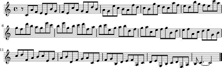 
{

r8
\modalTranspose c c' { c d e f g a b } { c8 a f e }
\modalTranspose c d' { c d e f g a b } { c a f e }
\modalTranspose c e' { c d e f g a b } { c a f e }
\modalTranspose c f' { c d e f g a b } { c a f e }
\modalTranspose c g' { c d e f g a b } { c a f e }
\modalTranspose c a' { c d e f g a b } { c a f e }
\modalTranspose c b' { c d e f g a b } { c a f e }
\modalTranspose c c'' { c d e f g a b } { c a f e }
\modalTranspose c d'' { c d e f g a b } { c a f e }
\modalTranspose c e'' { c d e f g a b } { c a f e }
\modalTranspose c f'' { c d e f g a b } { c a f e }
\modalTranspose c g'' { c d e f g a b } { c a f e }

\modalInversion c e''' { c d e f g a b } { c a f e }
\modalInversion c d''' { c d e f g a b } { c a f e }
\modalInversion c c''' { c d e f g a b } { c a f e }
\modalInversion c b'' { c d e f g a b } { c a f e }
\modalInversion c a'' { c d e f g a b } { c a f e }
\modalInversion c g'' { c d e f g a b } { c a f e }
\modalInversion c f'' { c d e f g a b } { c a f e }
\modalInversion c e'' { c d e f g a b } { c a f e }
\modalInversion c d'' { c d e f g a b } { c a f e }
\modalInversion c c'' { c d e f g a b } { c a f e }
\modalInversion c b' { c d e f g a b } { c a f e }
\modalInversion c a' { c d e f g a b } { c a f e }
\modalInversion c g' { c d e f g a b } { c a f e }
\modalInversion c f' { c d e f g a b } { c a f e }
\modalInversion c e' { c d e f g a b } { c a f e }
\modalInversion c d' { c d e f g a b } { c a f e }


c'4.~ c'2

\bar "|."
}
