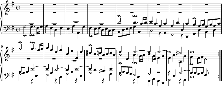 
\new PianoStaff <<
 \new Staff <<
  \new Voice \relative c''' {
   \key g \major \time 2/2 \voiceOne
   R1*8 |
   g2\mordent g4.\prallprall fis16 g |
   a4 fis d fis |
   b,4 e e, d' |
   cis4\prall b8 c a b c a |
   d4 d, d'2~ |
   d4 d, d'2~ |
   d2 cis |
   d1 | \bar ":|."
  }
  \new Voice \relative c'' {
   \voiceTwo
   R1*10 |
   \once \override MultiMeasureRest.staff-position = -8 R1 |
   R1 |
   a2\mordent a4.\prallprall g16 a |
   b4 g e g |
   e4 a a, g' |
   fis4\prall e8 fis d2 |
  }
 >>
 \new Staff <<
  \new Voice \relative c' {
   \key g \major \clef bass \voiceOne
   \override MultiMeasureRest.staff-position = 4 R1*2 |
   \override MultiMeasureRest.staff-position = 6 R1 |
   \override MultiMeasureRest.staff-position = 4 R1 |
   d2\mordent d4.\prallprall c16 d |
   e4 c a c |
   a4 d d, c' |
   b4\prall a8 b g b a c |
   b8 a b4 e2~ |
   e4 a, d2~ |
   d4 b e2~ |
   e4 d cis e |
   a,8 b a g fis2 |
   g2 r |
   r4 e a2~ |
   a8 a g a fis |
  }
  \new Voice \relative c' {
   \voiceTwo
   g2\mordent g4.\prallprall fis16 g |
   a4 fis d fis |
   e4 a a, g' |
   fis4\prall e8 fis d e c d |
   b8 d e fis g4 b, |
   c2 r4 a |
   fis2 r4 d |
   g4 d' b d |
   g2 r4 e |
   fis2 r4 d |
   g2 r4 e |
   a2 r4 g |
   fis2 r4 d |
   g,4 b g e |
   a2 r4 a |
   d1 |
  }
 >>
>>
