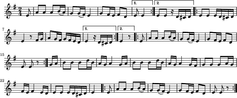 
\relative c' {
 \key e \minor
 \time 2/4
 \repeat volta 2 {
  \partial 8
  e8 a a a b16( a)
  g8 g16( fis) e4
  g8 fis16 e fis8 d
  }
 \alternative {
  {\partial 4. e8 e4}
  {e8 e r16 d cis d}
  }
 \repeat volta 2 {
  e8 e e16 d cis d
  e4 r8 fis16 g
  a8 g16 fis g fis e d
  }
 \alternative {
  {e4 r16 d cis d}
  {\partial 4. e4 r8}
  }
 \repeat volta 2 {
  \partial 8
  e8 a a a b16( a)
  g8 g16( fis) e4
  g8 fis16 e fis8 d
  \partial 4. e e r
  }
  \partial 8
  g16 a b8 b b d16 b
  a g a4 g16 a
  b8 b b d16 b
  a g a4 g16 fis
  g8 g g a16 g
  fis e fis4 e16 d
  e8 e e16 d cis d
  \partial 4. e4
 \repeat volta 2 {
  \partial 8
  e8 a a a b16( a)
  g8 g16( fis) e4
  g8 fis16 e fis8 d
  \partial 4. e e r
  }
 }
