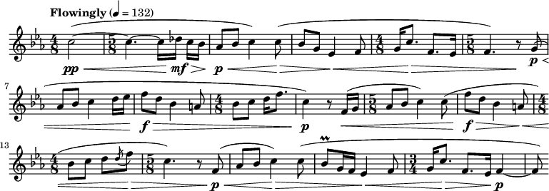 
\version "2.18.2"
\new Staff {
    \key c \minor
    \tempo "Flowingly" 4 = 132
    \time 4/8 
      c''2( ~ \pp \<
    \time 5/8 
      c''4. ~
      c''16[[
      des''16] \mf \>
      c''16[
      bes'16]]
      aes'8 \p \<
      bes'8
      c''4)
      c''8( \>
      bes'8
      g'8
      ees'4 \<
      f'8
    \time 4/8
      g'16[
      c''8.] \>
      f'8.[
      ees'16]
    \time 5/8
      f'4.)
      r8 \!
      g'8( \p \<
    \break
      aes'8
      bes'8
      c''4
      d''16
      ees''16
      f''8 \f \>
      d''8
      bes'4
      a'8
    \time 4/8
      bes'8
      c''8
      d''16
      f''8.
      c''4) \p
      r8
      f'16( \<
      g'16
    \time 5/8
      aes'8
      bes'8
      c''4)
      c''8(
      f''8 \f \>
      d''8
      bes'4
      a'8 \<
    \break
    \time 4/8
      bes'8
      c''8
      d''8
      \acciaccatura d''8
      f''8 \>
    \time 5/8
      c''4.)
      r8
      f'8( \p \<
      aes'8
      bes'8
      c''4) \>
      c''8(
      bes'8 \prall
      g'16
      f'16
      ees'4 \<
      f'8
    \time 3/4
      g'16
      c''8. \>
      f'8.
      ees'16
      f'4 ~ \p
      f'8)
}
