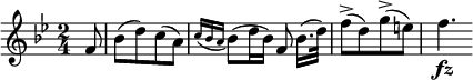  \relative f' {
\key bes \major \time 2/4
\partial 8 f8 | bes8([ d) c( a)]
\appoggiatura { c16 bes a } bes8( d16 bes) f8 bes16.([ d32)]
f8->([ d) g->( e)] | f4. \fz
} 