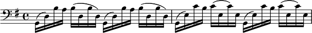 
\relative c {
\clef bass
\key g \major
\set Staff.midiInstrument = #"cello"
g16 [ (d') b' a] b [ (d, b' d,) ] g, [ (d') b' a] b [ (d, b' d,) ] g, [ (e') c' b] c [ ( e, c') e,] g, [ (e') c' b] c [ ( e, c') e,]
}
