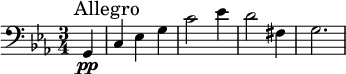 \relative c{ \clef bass \key c \minor \time 3/4 \partial 4 g\pp \mark "Allegro" c ees g c2 ees4 d2 fis,4 g2.}