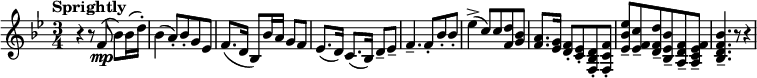 
\version "2.18.2"
\new Staff {
  \key bes \major
  \time 3/4
  \clef treble
  \set Staff.midiInstrument = #"clarinet"
  \tempo Sprightly 4 = 92
  \set Score.tempoHideNote = ##t
  |
  r4
  r8 f'8(\mp
  bes'8) bes'16( d''16-.)
  |
  bes'4(
  a'8-.) bes'-.
  g'8 ees'
  |
  f'8.( d'16
  bes8) bes'16 a'
  g'8 f'
  |
  ees'8.( d'16)
  c'8.( bes16)
  d'8-- ees'--
  |
  f'4.--
  f'8-.
  bes'8-. bes'-.
  |
  ees''4->(
  c''8) c''
  <<d''8 f'>> <<g'8 bes'>>
  |
  <<f'8. a'>> <<ees'16 g'>>
  <<d'8-. f'>> <<c'-. ees'>>
  <<f8-. bes d'>> <<f-. c' f'>>
  |
  <<ees'8-- bes' ees''>> <<ees'-- f' c''>>
  <<d'-- f' d''>> <<bes-- ees' bes'>>
  <<a-- d' f'>> <<a-- c' ees' f'>>
  |
  <<bes4.-- d' f' bes'>>
  r8
  r4
}
