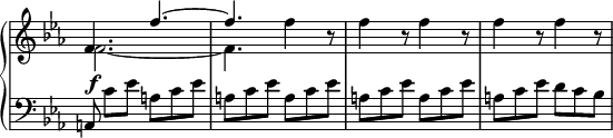 
 \relative c' {
  \new PianoStaff <<
   \new Staff \with { \remove "Time_signature_engraver" } { \key es \major \time 6/8
    <<
     { f4. f'4.~ f4. \stemDown f4 b,8\rest f'4 b,8\rest f'4 b,8\rest f'4 b,8\rest f'4 b,8\rest }
    \\
     { f2.~ f4. }
    >>
   }
   \new Dynamics {
    s4\f
   }
   \new Staff \with { \remove "Time_signature_engraver" } { \key es \major \time 3/4 \clef bass
    a,,8 c'[ es] a, c es a,[ c es] a, c es a,[ c es] a, c es a,[ c es] d c bes
   }
  >>
 }
