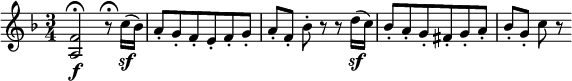  \relative f' {
   \key f \major \time 3/4
   <f a,>2 \f \fermata r8 \fermata c'16( \sf bes)
   a8-. g-. f-. e-. f-. g-.
   a8-.[ f-.] bes-. r r d16( \sf c)
   bes8-. a-. g-. fis-. g-. a-.
   bes8-.[ g-.] c8 r
} 