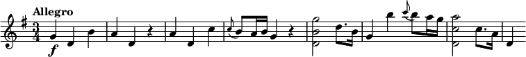 
\relative c'' {
  \version "2.18.2"
  \tempo "Allegro"
  \key g \major
  \time 3/4
  g4\f d b' |
  a4 d, r |
  a'4 d, c' |
  \appoggiatura c8 b a16 b g4 r |
  <g' b, d,>2 d8. b16 |
  g4 b' \appoggiatura c8 b a16 g |
  <a c, d,>2 c,8. a16 |
  d,4
}
