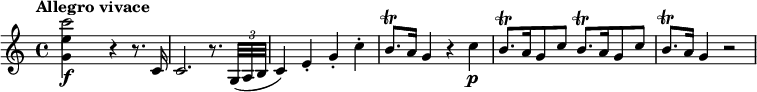 
\relative c''' {
  \tempo "Allegro vivace"
  \tempo 4 = 120
  <<
    { \stemDown c2\f } \\
    { <e, g,>4 s }
  >>
  r4 r8. c,16 |
  c2. r8. \times 2/3 { g32( a b } |
  c4) e-. g-. c-. |
  b8.\trill a16 g4 r c\p |
  \repeat unfold 2 { b8.[\trill a16 g8 c] } |
  b8.\trill a16 g4 r2
}
