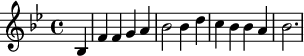 \relative c' {   \clef treble   \key bes \major    \time 4/4         \partial 4 bes4 \relative c' {f f g a bes2 bes4 d c bes bes a bes2. \bar "|"      } }