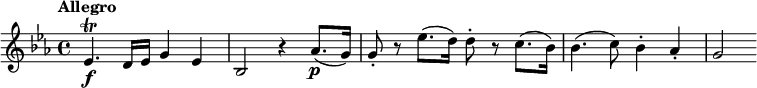 
\relative c' { \set Staff.midiInstrument = #"string ensemble 1"
  \tempo "Allegro" \set Score.tempoHideNote = ##t \tempo 4 = 150
  \key es \major
  es4.\f\trill d16 es g4 es |
  bes2 r4 as'8.(\p g16) |
  g8-. r es'8.( d16) d8-. r c8.( bes16) |
  bes4.( c8) bes4-. as-. |
  g2
}
