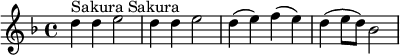 \relative c' {\set Staff.midiInstrument = #"orchestral harp" \once \hide Score.MetronomeMark \tempo 4 = 120 \key f \major d'4^\markup { Sakura Sakura } d e2 d4 d e2 d4 (e) f (e) d (e8 d) bes2}