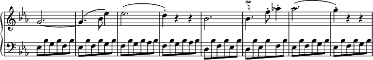 
 \relative c' {
  \new PianoStaff <<
   \new Staff \with { \remove "Time_signature_engraver" } { \key c \minor \time 3/4
    \override Score.NonMusicalPaperColumn #'line-break-permission = ##f
    g'2.~ g4.( bes8 es4) es2.( d4-.) r r bes2. bes4.
    ^\markup
       \override #'(baseline-skip . 1) {
        \halign #-1
        \teeny \center-column {
         \musicglyph #"scripts.turn"
         \natural
        }
       }
    f'8-. aes!4-. aes2.( g4-.) r r
   }
   \new Staff \with { \remove "Time_signature_engraver" } { \key c \minor \time 3/4 \clef bass
    es,,8 bes' g bes f bes es, bes' f bes g bes f bes g bes aes bes f bes g bes aes bes
    d, bes' f bes es, bes' | d, bes' es, bes' f bes | es, bes' f bes g bes | es, bes' f bes g bes
   }
  >>
 }
