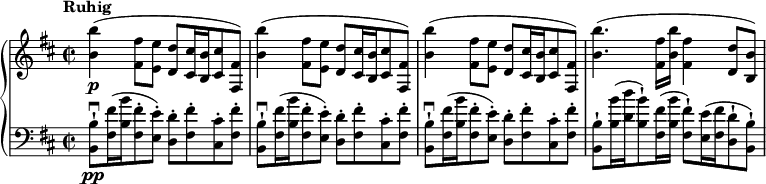 
{ \new PianoStaff <<
\new Staff \relative b' { \set Score.tempoHideNote = ##t \tempo "Ruhig" 2 = 48 \set Staff.midiInstrument = #"piano" \key b \minor \clef treble \time 2/2
 <b b'>4 \p (<fis fis'>8 <e e'>8 <d d'>8 <cis cis'>16 <b b'>16 <cis
 cis'>8 <fis, fis'>8 ) \noBreak | % 2
 <b' b'>4 (<fis fis'>8 <e e'>8 <d d'>8 <cis cis'>16 <b b'>16 <cis
 cis'>8 <fis, fis'>8 ) \noBreak | % 3
 <b' b'>4 (<fis fis'>8 <e e'>8 <d d'>8 <cis cis'>16 <b b'>16 <cis
 cis'>8 <fis, fis'>8 ) \noBreak | % 4
 <b' b'>4. (<fis fis'>16 <b b'>16 <fis fis'>4 <d d'>8 <b b'>8 ) }
\new Staff \relative b, { \set Staff.midiInstrument = #"piano" \key b \minor \clef bass \time 2/2
 <b b'>8 \pp -! \downbow <fis'
 fis'>16 (<b b'>16 <fis fis'>8 -. <e e'>8 ) -. <d d'>8 -. <fis
 fis'>8 -. <cis cis'>8 -. <fis fis'>8 -. | % 2
 <b, b'>8 -! \downbow <fis' fis'>16 (<b b'>16 <fis fis'>8 -. <e e'>8
 ) -. <d d'>8 -. <fis fis'>8 -. <cis cis'>8 -. <fis fis'>8 -. | % 3
 <b, b'>8 -! \downbow <fis' fis'>16 (<b b'>16 <fis fis'>8 -. <e e'>8
 ) -. <d d'>8 -. <fis fis'>8 -. <cis cis'>8 -. <fis fis'>8 -. | % 4
 <b, b'>8 -! <b' b'>16 (<d d'>16 <b b'>8 ) -! <fis fis'>16 (<b b'>16
 <fis fis'>8 ) -! <e e'>16 (<fis fis'>16 <d d'>8 -! <b b'>8 ) -! }
>> }
