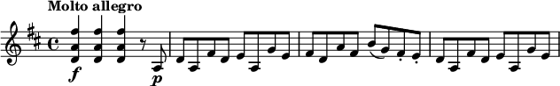 
\relative c' {
  \key d \major
  \tempo "Molto allegro"
  <d a' fis'>4\f q q r8 a\p |
  d8 a fis' d e a, g' e |
  fis8 d a' fis b( g) fis-. e-. |
  d8 a fis' d e a, g' e |
}
