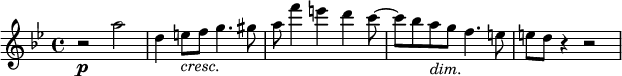 
{
  \new PianoStaff <<
    \new Staff \relative a'' {
      \set Staff.midiInstrument = #"string ensemble 1" \key bes \major \clef treble \time 4/4 \set Score.tempoHideNote = ##t \tempo 4 = 50
      r2 \p a2 | % 2
      d,4 e8_\markup { \italic cresc. } f8 g4. gis8 | % 3
      a8 f'4 e4 d4 c8 ~ | % 4
      c8 bes8 a8 _\markup { \italic dim. } g8 f4. e8 | % 5
      e8 d8 r4 r2
    }
  >>
}
