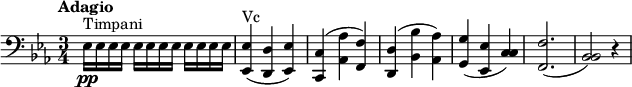 
\version "2.18.2"
\relative c {
    \key ees \major 
    \time 3/4
     \tempo "Adagio"
     \clef "bass"  
    \tempo 4 = 60
    ees16 \pp ^\markup {Timpani} ees ees ees  \repeat unfold 2 {ees16 ees ees ees}
    <ees, ees'>4 ^\markup {Vc} (<d d'> <ees ees'>)
    <c c'> (<aes' aes'> <f f'>)
    <d d'> (<bes' bes'> <aes aes'>)
    <g g'> (<ees ees'> <c' c>)
     <f, f'>2. (<bes bes>2) r4
 }
