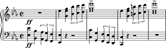 
{ \new PianoStaff <<
\new Staff \relative es'' { \set Staff.midiInstrument = #"piano" \key es \major \clef treble \time 2/2 \set Score.tempoHideNote = ##t \tempo 2 = 60
  R1 \ff | % 2
  es4 <g, es' g>4 \times 2/3 {
    <bes bes'>4 <c c'>4 <d d'>4
  }
  | % 3
  <es g es'>1 -> | % 4
  es4 <g, es' g>4 \times 2/3 {
    <b b'>4 <c c'>4 <d d'>4
  }
  | % 5
  <c es es'>1 ->
  }
\new Staff \relative es { \set Staff.midiInstrument = #"piano" \key es \major \clef bass \time 2/2
  <es es'>4 \ff <bes bes'>4
  \times 2/3 {
    <as as'>4 <g g'>4 <f f'>4
  }
  | % 2
  <es es'>4 r4 r2 | % 3
  <c' c'>4 <g g'>4 \times 2/3 {
    <f f'>4 <es es'>4 <d d'>4
  }
  | % 4
  <c c'>4 r4 r2 | % 5
  R1 }
>> }
