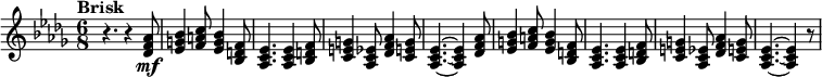 
\version "2.18.2"
\new Staff {
  \key des \major
  \time 6/8
  \clef treble
  \set Staff.midiInstrument = #"trumpet"
  \tempo Brisk 4. = 116
  \set Score.tempoHideNote = ##t
  |
  r4.
  r4
  <<des'8 f'\mf aes'>>
  |
  <<ees'4 g' bes'>>
  <<f'8 a' c''>>
  <<ees'4 g' bes'>>
  <<bes8 d' f'>>
  |
  <<aes4. c' ees'>>
  <<aes4 c' ees'>>
  <<bes8 d' f'>>
  |
  <<c'4 e' g'>>
  <<aes8 c' ees'>>
  <<des'4 f' aes'>>
  <<c'8 e' g'>>
  |
  <<aes4.~ c'~ ees'~>>
  <<aes4 c' ees'>>
  <<des'8 f' aes'>>
  |
  <<ees'4 g' bes'>>
  <<f'8 a' c''>>
  <<ees'4 g' bes'>>
  <<bes8 d' f'>>
  |
  <<aes4. c' ees'>>
  <<aes4 c' ees'>>
  <<bes8 d' f'>>
  |
  <<c'4 e' g'>>
  <<aes8 c' ees'>>
  <<des'4 f' aes'>>
  <<c'8 e' g'>>
  |
  <<aes4.~ c'~ ees'~>>
  <<aes4 c' ees'>>
  r8
}
