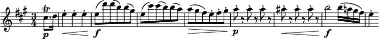  \relative cis'' {
\key a \major \time 3/4
\partial 4 cis8. \trill \p d16 | e4-. \< e-. e-. | e8( \f d') d( b) b( gis)
e8( cis') cis( b) b( a) | a8( \> gis fis) e-. fis-. gis-.
a8-. \p r a-. r a-. r | ais8-. \< r ais-. r ais-. r
b2 \f b16( a! gis fis) | e4-.
} 