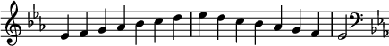  {
\override Score.TimeSignature #'stencil = ##f
\relative c' {
 \clef treble \key es \major \time 7/4 es4 f g as bes c d es d c bes as g f es2
 \clef bass \key es \major
} }
