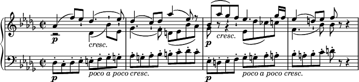 
\relative c'' {
  \new PianoStaff <<
    \new Staff <<
      \new Voice {
        \stemUp \set Staff.midiInstrument = #"piano" \key des \major \clef treble \time 2/2 \set Score.tempoHideNote = ##t \tempo 4 = 88
        as4 ^( f'8 ) es8 -! des4. _\markup { \italic {cresc.} } ^( es8 ) |
        des4 ^( c8 ) -! des8 -! as'4 ^( es8 ) r8 |
        bes8 ^( as'8 _\markup { \italic {cresc.} } ges8 ) -! f8 -! es4. ges16 f16 |
        es4 ^( d8 ) -! es8 f8 -! r8 r4 |
      }
      \new Voice {
        \stemDown
        r2 \p des,4 _( bes'8 ) -! es,8 -! |
        ges4. _( f8 ) d8 _( es8 bes'8 as8 ) |
        ges8 \p r8 r4 es8 _( des'8 ces8 ) c8 |
        f,4. _( bes8 ) bes8 s4 s8 |
      }
    >>
    \new Staff {
      \set Staff.midiInstrument = #"piano" \key des \major \clef bass \time 2/2
      des,,8 \p -. c8 -. des8 -. es8 -. e8  _\markup { \italic { poco a poco cresc. } } -. f8 -. ges8 -. g8 -. |
      as8 -. g8 -. as8 -. bes8 -. b8 -. c8 -. des8 -. c8 -. |
      es,8 \p -. d8 -. es8 -. f8 -. ges8 _\markup { \italic { poco a poco cresc. } } -. g8 -. as8 -. a8 -. |
      bes8 -. a8 -. bes8 -. c8 -. d8 -. r8 r4 |
    }
  >>
}
