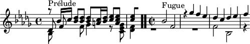 
\version "2.18.2"
\header {
  tagline = ##f
}

\score {
  \new Staff \with {

  }
<<
  \relative c'' {
    \key bes \minor
    \time 4/4

     %% INCIPIT CBT I-22, BWV 867, si-bémol majeur
     << { s8*0^\markup{Prélude} r8 bes16 c < des bes >8 q q < c a >16 < des bes > < ees c >8 < ees c a > 
{ 
 % suppression des warnings :
 #(ly:set-option 'warning-as-error #f)
 #(ly:expect-warning (_ "stem does not fit in beam")) %% <= à traduire éventuellement
 #(ly:expect-warning (_ "beam was started here")) %% <= à traduire éventuellement
  \set stemRightBeamCount = #1
  < ees c >4*1/2[ s]
}
 } \\ { bes,8 s4 f'8 ges4 r8 < ges ees c >8 < f des >4 } \\ { des8 f8 } >> \bar ".."

     \time 2/2 \partial 1
     << { s4*0^\markup{Fugue} bes2 f r4 ges'4 f ees des c des ees f } \\ { R1*2 f,2 bes, r4 } >>

  }
>>
  \layout {
     \context { \Score \remove "Metronome_mark_engraver" 
     \override SpacingSpanner.common-shortest-duration = #(ly:make-moment 1/2) 
}
  }
  \midi {}
}
