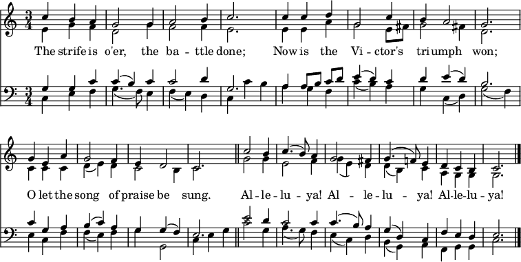 
<< <<
\new Staff { \clef treble \time 3/4 \key c \major \set Staff.midiInstrument = "church organ" \set Score.tempoHideNote = ##t \override Score.BarNumber  #'transparent = ##t
  \relative c'' 
  << { c4 b a | g2 g4 | a2 b4 | c2. |
  c4 c d | g,2 c4 | b a2 | g2. |
  g4 e a | g2 f4 | e d2 | c2. \bar"||" 
  c'2 b4 | c4.( b8) a4 |
  g2  fis4 | g4.( f!8) e4 |
  d c b | c2. \bar"|." } \\
  { e4 g f | d2 g4 | f2 f4 | e2. |
  e4 e a | g2 e8 fis | g2 fis4 | d2. |
  c4 c c | d( e) d | c2 b4 | c2. |
  g'2 g4 | e2 f4 |
  g4( e) d | d( b) c |
  a g g | g2. } >>
}
\new Lyrics \lyricmode {
The4 strife is o'er,2 the4 ba2 -- ttle4 done;2.
Now4 is the Vi2 -- ctor's4 tri -- umph2 won;2.
O4 let the song2 of4 praise be2 sung.2.
Al2 -- le4 -- lu2 -- ya!4
Al2 -- le4 -- lu2 -- ya!4
Al4 -- le -- lu -- ya!2.
}
\new Staff { \clef bass \key c \major \set Staff.midiInstrument = "church organ"
  \relative c'
  << { g4 g c | c( b) c | c2 d4 | g,2. |
  a4 a8 b c[ d] | e4( d) c | d e( d) | b2. |
  c4 g a | b( c) a | g g( f) e2. |
  e'2 d4 | c2 c4 |
  c4.( b8) a4 | g( d) c |
  f e d | e2. } \\
  { c4 e f | g4.( f8) e4 | f( e) d | c c' b |
  a g f | c'( b) a | g c,( d) | g2( f4) |
  e4 c f | f( e) f | g g,2 | c4 e g |
  c2 g4 | a4.( g8) f4 | 
  e4( c) d | b( g) a |
  f g g | c2. } >>
}
>> >>
\layout { indent = #0 }
\midi { \tempo 4 = 100 }
