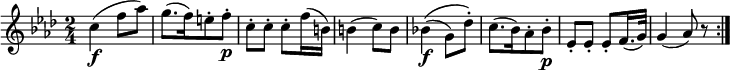  \relative c'' {
\key f \minor \time 2/4
c4( \f f8 as) | g8.([ f16) e8-. f-.] \p | c8-. c-. c-. f16( b,)
b4( c8) b | bes!4\(( \f g8) des'-.\) | c8.([ bes16) as8-. bes-.] \p
es,8-. es-. es-. f16.( g32) | g4( as8) r \bar ":|."
} 