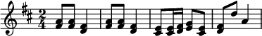 {\set Staff.midiInstrument = #"celesta" \key d \major \time 2/4 <fis' a'>8 <fis' a'> <d' fis'>4 <fis' a'>8 <fis' a'> <d' fis'>4 <cis' e'>8 <cis' e'>16 <d' fis'> <e' g'>8 <cis' e'> <d' fis'>8 d'' a'4}