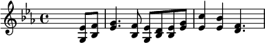 {\key es \major \time 4/4 \skip2. <g es'>8 <bes f'> <es' g'>4. <bes f'>8 <g es'> <bes d'> <bes es'> <es' g'> <es' c''>4 <es' bes'> <d' f'>4. \skip8}