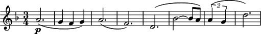 
\header {
  tagline = ##f
}

\score {
  \new Staff \with {

  }
<<
  \relative c'' {
    \clef treble
    \key f \major
    \time 3/4
    \tempo 4 = 135
    \set Score.currentBarNumber = #5
    \set Staff.midiInstrument = #"string ensemble 1"

     %%% AB 7-3 th2
     a2.\p( g4 f g) a2.( f) d( bes'2~ bes8 a) \times 3/2 { a4( g } d'2.)

  }
>>
  \layout {
    \context { \Score \remove "Metronome_mark_engraver"
    }
  }
  \midi {}
}
