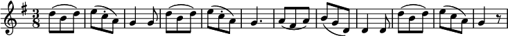 {\key g \major \time 3/8 d''8( b' d'') e''( c''-. a') g'4 g'8 d''8( b' d'') e''( c''-. a') g'4. a'8( fis' a') b'( g' d') d'4 d'8 d''8( b' d'') e''( c'' a') g'4 r8}