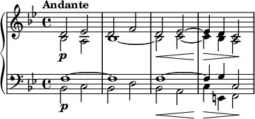 
{
  \new PianoStaff <<
    \new Staff \relative d' {
      \set Staff.midiInstrument = #"string ensemble 1" \key bes \major \clef treble \time 4/4 \set Score.tempoHideNote = ##t \tempo "Andante" 4 = 50
      <<
        {
          \voiceOne \stemUp d2 \p es2 | % 2
          d2 f2 | % 3
          d2 \< es2 ~ | % 4
          es4 \! \> d4 c2 \!
        }
        \new Voice \relative bes {
          \voiceTwo \stemDown
          bes2 a2 | % 2
          bes1 ~ | % 3
          bes2 c2 ~ | % 4
          c4 bes4 a2
        }
      >> \oneVoice
    }
    \new Staff \relative f {
      \set Staff.midiInstrument = #"string ensemble 1" \key bes \major \clef bass \time 4/4
      <<
        {
          \voiceOne \stemUp
          f1 \p ~ | % 2
          f1 | % 3
          f1 \< ~ | % 4
          f4 \! \> g4 c,2 \!
        }
        \new Voice \relative bes, {
          \voiceTwo \stemDown
          bes2 c2 | % 2
          bes2 d2 | % 3
          bes2 a2 | % 4
          c4 e,4 f2
        }
      >> \oneVoice
    }
  >>
}
