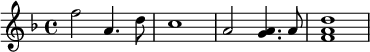 {\set Staff.midiInstrument = #"glockenspiel" \key d \minor \time 4/4 f''2 a'4. d''8 c''1 a'2 <a' g'>4. a'8 <d'' a' f'>1}