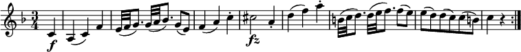  \relative c' {
\key f \major \time 3/4
\partial 4 c4 \f | a4( c) f
e32( f g8.) g32( a bes8.) g8( e)
f4( a) c-. | cis2 \fz a4-.
d4( f) a-.
b,32( c d8.) d32( e f8.) f8( e)
e8( d) d( c) c( b) | c4 r \bar ":|."
} 