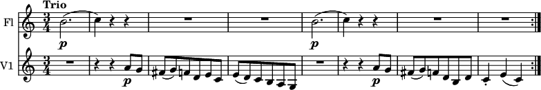 
<<
  \new Staff \with { instrumentName = #"Fl "}
  \relative c'' {
     \version "2.18.2"
     \set Staff.midiInstrument = "flute"
     \key c \major
     \time 3/4
     \tempo "Trio"
     \tempo 4 = 130
    b2. \p (c4)  r4 r4
    R2. R2.
    b2. \p (c4)  r4 r4
    R2. R2.
  }
  \new Staff \with { instrumentName = #"V1 "}
\relative c'' {
  \version "2.18.2"
    \key c \major
    \time 3/4
    \set Staff.midiInstrument = "violin"
    \tempo "Trio"
  R2. r4 r4 a8 \p g
fis (g) f d e c
e (d) c b a g
 R2. r4 r4 a'8 \p g
fis (g) f d b d
c4-. e (c) \bar ":|."
  }
>>
