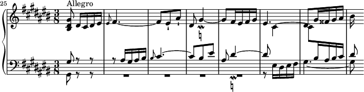 
\version "2.18.2"
\header {
  tagline = ##f
}

Mordaesq = { \tag #'print { gis4~_\mordent_\markup { \natural } } \tag #'midi { gis32 fis gis16~ gis8~ }  }
Mordeesq = { \tag #'print { dis4~_\mordent_\markup { \natural } } \tag #'midi { dis32 cis dis16~ dis8~ }  }

upper = \relative c'' {
  \clef treble 
  \key cis \major
  \time 3/8
  \tempo 8 = 152
  \set Staff.midiInstrument = #"harpsichord" 
  %\context Score \applyContext #(set-bar-number-visibility 2)
  \set Score.currentBarNumber = #25
  \bar ""
   %% PRÉLUDE CBT II-3, BWV 872, ut-dièse majeur
   \bar "||"
   < gis dis bis >8^\markup{Allegro} dis16[ cis dis \tempo 8 = 120 eis] \tempo 8 = 40 \grace eis8 \tempo 8 = 152 fis4.~ fis8 eis-! ais-! dis,8 \Mordaesq gis8 fis16 eis fis gis eis4. dis8 gis16 fisis gis ais bis
}

lower = \relative c {
  \clef bass 
  \key cis \major
  \time 3/8
  \set Staff.midiInstrument = #"harpsichord" 
    
   << { gis'8 r8 r8 | r8 ais16 gis ais \tempo 8 = 120 bis \tempo 8 = 40 \grace bis8 \tempo 8 = 152 cis4.~ cis8 bis eis ais, \Mordeesq dis8 \stemDown \change Staff = "upper" cis4~ cis8 \change Staff = "lower" \stemUp bis16 ais bis cis dis8 } \\ { gis,,8 r8 r8 R4.*4 r8 eis'16 dis eis fis gis4.~ gis8 } >>
    
} 


 thePianoStaff = \new PianoStaff <<
    \set PianoStaff.instrumentName = #""
    \new Staff = "upper" \upper
    \new Staff = "lower" \lower
  >>

\score {
  \keepWithTag #'print \thePianoStaff
  \layout {
    \context {
      \Score
      \remove "Metronome_mark_engraver"
    }
  }
}

\score {
  \keepWithTag #'midi \thePianoStaff
  \midi { }
}
