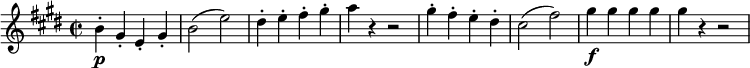 
\relative b' {
 \key e \major \time 2/2
 \set Score.tempoHideNote = ##t \tempo 1 = 116
 \set Staff.midiInstrument = "violin"
 b4-.\p gis-. e-. gis-. |
 b2(e) |
 dis4-. e-. fis-. gis-. |
 a4 r r2 |
 gis4-. fis-. e-. dis-. |
 cis2(fis) |
 gis4\f gis gis gis |
 gis r4 r2 |
}
