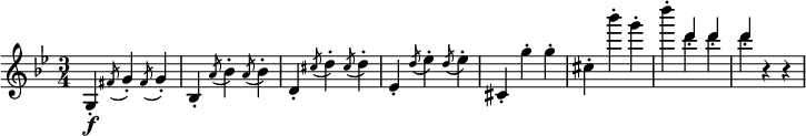  \relative g {
\key g \minor \time 3/4
g4-. \f \acciaccatura fis'8 g4-. \acciaccatura fis8 g4-.
bes,4-. \acciaccatura a'8 bes4-. \acciaccatura a8 bes4-.
d,4-. \acciaccatura cis'8 d4-. \acciaccatura cis8 d4-.
es,4-. \acciaccatura d'8 es4-. \acciaccatura d8 es4-.
cis,4-. g''-. g-. | cis, 4-. bes''-. g-.
d'4-. << \new Voice { \stemUp d, -. d-. d-. } \new Voice { \stemDown d d d } >> r r
} 