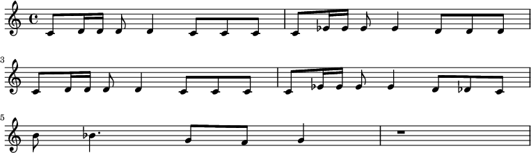 {c'8 d'16 d'16 d'8 d'4 c'8 c'8 c'8 c'8 es'16 es'16 es'8 es'4 d'8 d'8 d'8 \break 
 c'8 d'16 d'16 d'8 d'4 c'8 c'8 c'8 c'8 es'16 es'16 es'8 es'4 d'8 des'8 c'8 \break
 b'8 bes'4. g'8 f'8 g'4 r1}