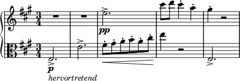 
\relative c'' {
  \new PianoStaff <<
    \new Staff {
      \set Staff.midiInstrument = #"string ensemble 1" \key a \major \clef treble \time 3/4 \set Score.tempoHideNote = ##t \tempo 4 = 170
      R2.*2 |
      e2. \pp -> |
      cis'8 d8 cis4 -. a4 -. |
      gis4 -. r2 |
    }
    \new Staff {
      \set Staff.midiInstrument = #"string ensemble 1" \key a \major \clef alto \time 3/4
      e,,2. \p _\markup{ \italic { hervortretend } } -> |
      e'2. -> |
      fis8 \< -. gis8 -. a8 -. b8 -. a8 -. cis8 -. |
      e4 \! r2 |
      e,,2. -> |
    }
  >>
}
