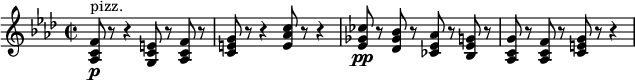 
\relative c' {
    \new Staff {
      \set Staff.midiInstrument = #"pizzicato strings" \key f \minor \clef treble \time 2/2 \set Score.tempoHideNote = ##t \tempo 2 = 50
      <as c f>8 ^"pizz." \p r8 r4 <g c e>8 r8 <as c f>8 r8 |
      <c e g>8 r8 r4 <e as c>8 r8 r4 |
      <es ges ces>8 \pp r8 <des ges bes>8 r8 <ces es as>8 r8 <bes es g>8 r8 |
      <as c g'>8 r8 <as c f>8 r8 <c e g>8 r8 r4 |
    }
}
