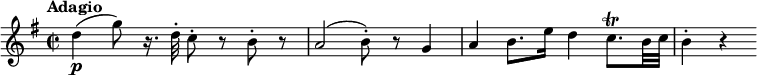 
\version "2.18.2"
\relative c'' {
  \key g \major
  \time 2/2
  \tempo "Adagio "
  \tempo 4 = 52
  d4 \p (g8) r16. d32-. c8-. r b-. r 
  a2 (b8-.) r g4
  a b8. e16 d4 c8. \trill b32 c 
  b4-. r
}
