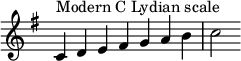  {
\key c \lydian
\override Score.TimeSignature #'stencil = ##f
\relative c' { 
  \clef treble \time 7/4
  c4^\markup { Modern C Lydian scale } d e fis g a b c2
} }
